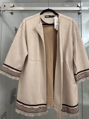 Zara Beige Fringe-Trim Open Trench Coat